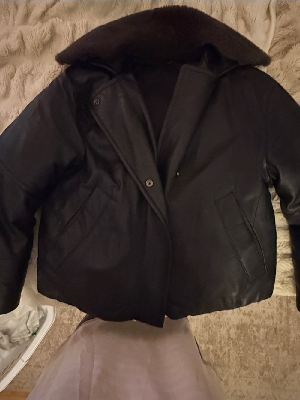VINCE Women's Leather Bomber Jacket with Shearling Collar